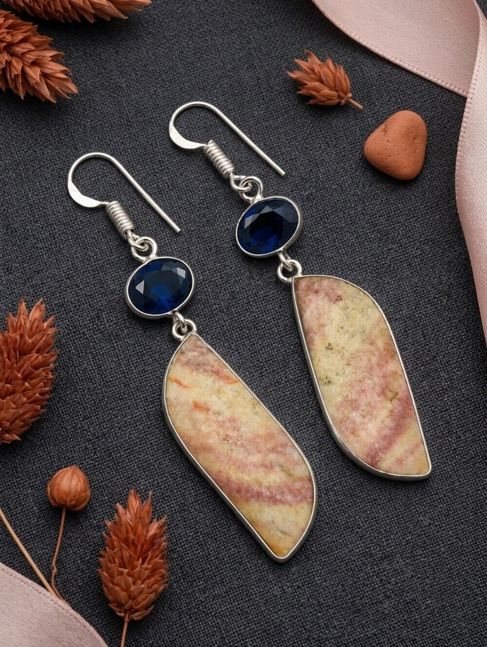 Picture Jasper Blue Quartz Drop Earrings 925 Sterling Silver Bohemian Fall 2.45"